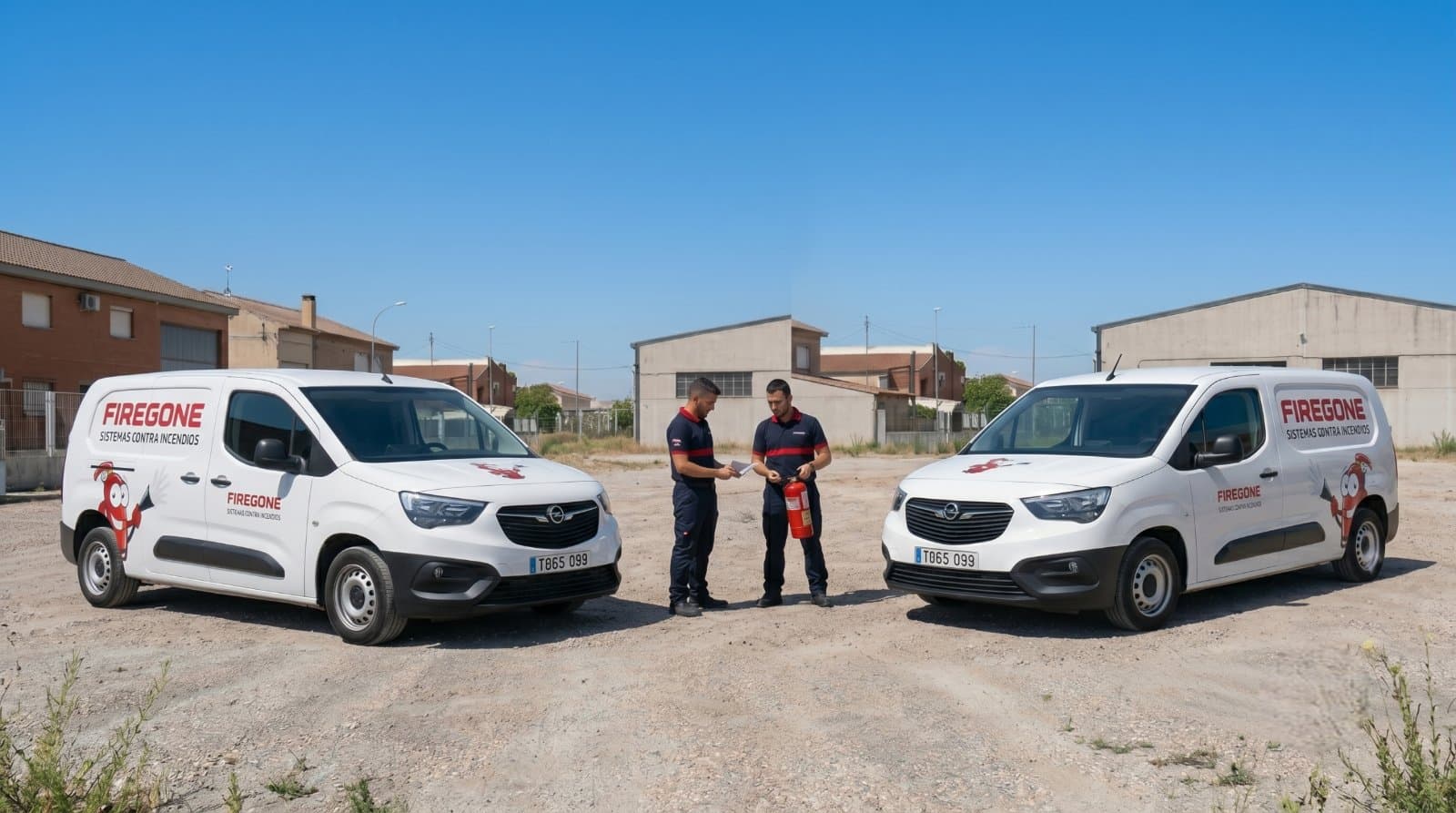 Dos técnicos de Firegone revisando un extintor junto a la flota de furgonetas rotuladas de la empresa